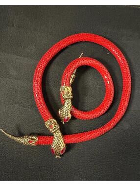 Vtg DL Auld Red Enamel Mesh Snake Necklace & Bracelet